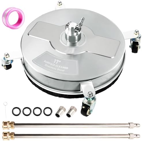 17" Pressure Washer Surface Cleaner with 4 Wheels, Stainless Steel Power Washer Surface Cleaner for Driveways Sidewalks Patios, 1/4" Quick Connector, 2 Extension Wand, 4000 PSI
