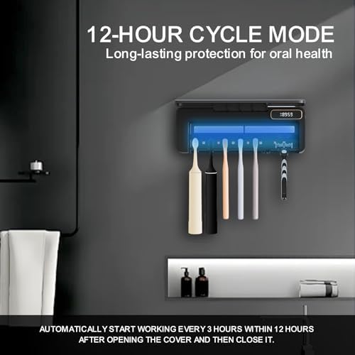 UV Toothbrush Sanitizer Holder for Bathrooms,Mold & Odor Removal & Timer Function Smart Home Bathroom Accessories, 5+1+1 Slots Rechargeable Cordless Wall Mounted Tooth Brush Holder (Black)