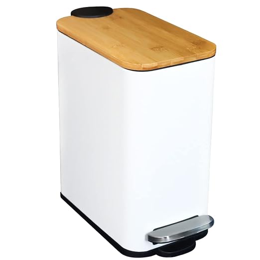 SIDIANBAN Bathroom Trash Can with Bamboo Lid Soft Close and Foot Pedal, Small Rectangular Slim Garbage Can with Inner Wastebasket for Bedroom, Office, Kitchen, 1.3Gal/5L, White | Small Rectangular Slim Garbage Can with Inner Wastebasket for Bedroom, Of...