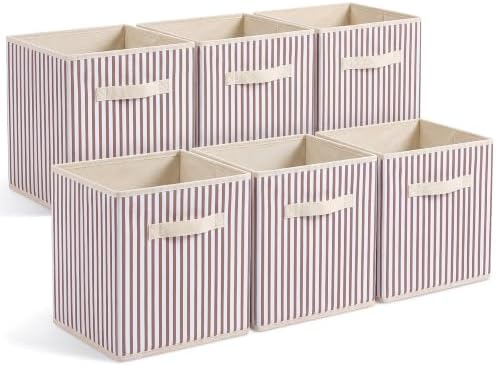 Amyhill 6 Pack Khaki Striped Basics Collapsible Fabric Storage Bins | with Handles, Foldable Storage Cubes, 11 Inch, Closet Decorative Organizer, Baskets for Shelves Units, Home, Dorm