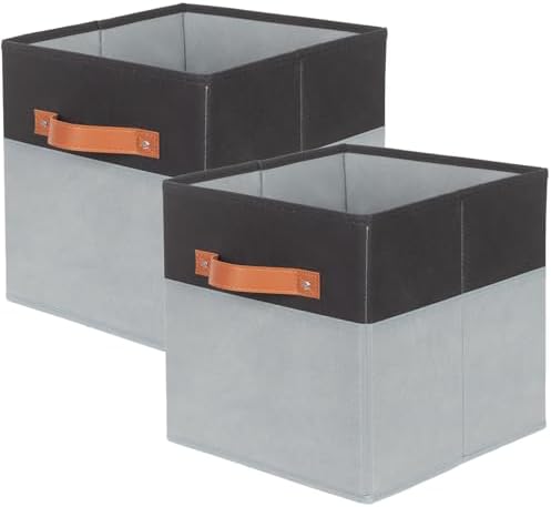 ShellKingdom Storage Bins, Two-Tone Foldable Fabric Storage Cubes with Leather Handle for Closet Toys Clothes Storage Organizer Drawer, 10.5 X 10.5 X 11 inch, 2 Pack (Black/Grey)