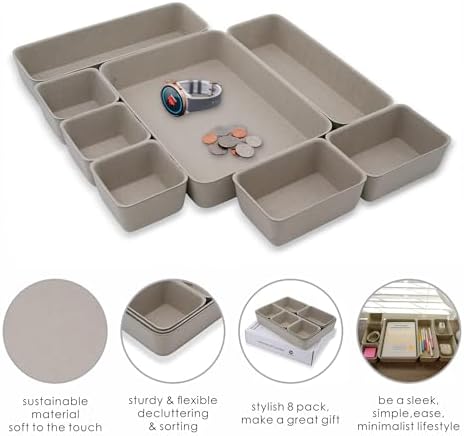 Welaxy Office Felt Desk Drawer Organizer Tray 8pc Stone Natural Storage Bin | Sustainable material soft yet sturdy,multi-purpose storage, sleek minimalist lifestyle