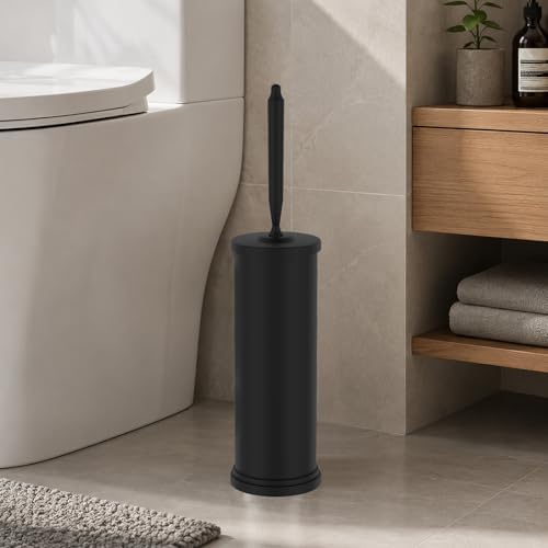 Stainless Steel Toilet Bowl Brush and Holder Set Scrubber Black | Weighted Stable Base Removable Inner Tube Toilet Bowl Brush Splash-Proof Design for Deep Cleaning Space Saving Storage