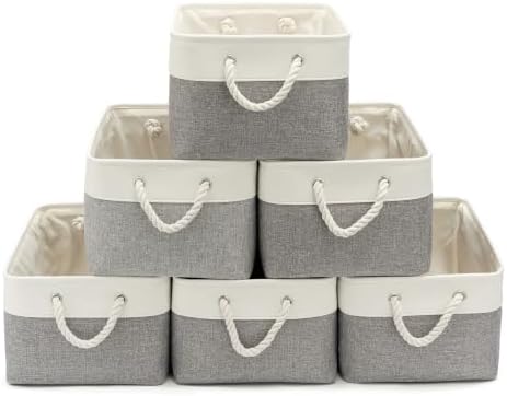 15.7x11.8x8.26 Inch Fabric Large Storage Bins with Handles 6 Pack | Foldable, Sturdy Metal Strand, Cardboard Support Molding, Fabric Storage Baskets for Shelves, Closet, Bedroom, White/Gray