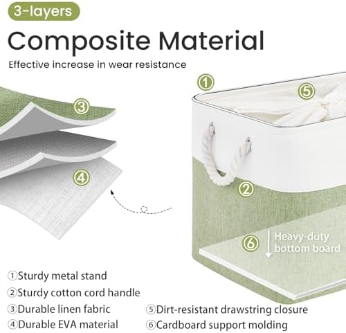 16x12x12 In Foldable Fabric Large Storage Bins with Handle 3 Pack | Storage Basket with Draw String Top, Sturdy Metal Strand, Cardboard Support Molding, for Shelf, Closet, Bedroom, White/Green
