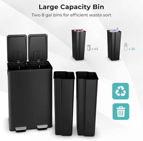 Goplus 16 Gallon/ (2x30L) Stainless Steel Trash Can, Kitchen Trash Bin w/Dual Removable Inner Buckets, Soft Closure & Step-on Pedal, Deodorizer Compartment, Garbage Bin for Recycling, Black