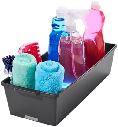 madesmart Classic Large Deep Storage Bin, Granite | non slip feet, rounded corners, soft grip handles, deep walls, easy carry, pantry bath supplies, cabinet use, woman owned