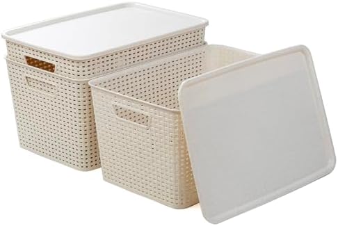 BINO | Plastic Storage Baskets with Lids, 22 Liter - 3 Pack, Natural | THE WOVEN COLLECTION | Storage Basket for Shelves | Woven Storage Baskets for Organizing Bins | Pantry Shelf Organizer Bin