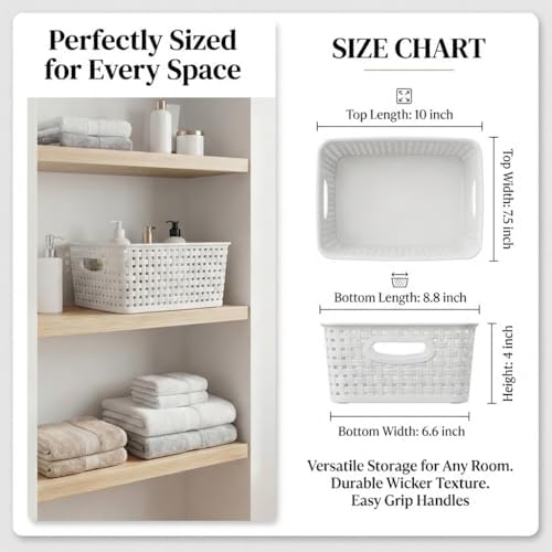 8 Pack White Storage Baskets, Plastic Woven Organizer Baskets, Stackable Shelf Baskets for Closet, Pantry & Bathroom
