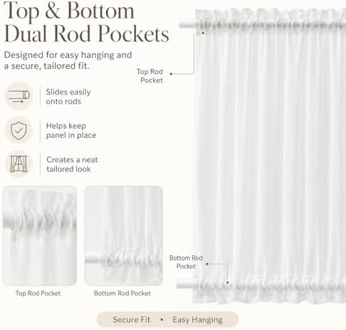 Aquazolax French Door Sheer Curtains Set of 2, Large 54x72 Inch Rod Pocket Sheer French/Patio Door Window Curtain with Tiebacks for Doors with Glass - Satin White