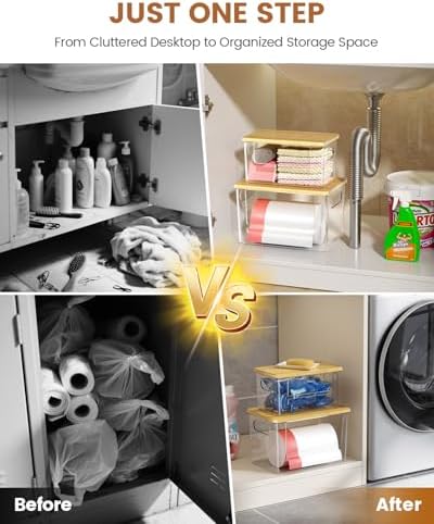 Trash Bag Dispenser 2 Pack, Stackable Trash Bag Holder with Bamboo Lid – Clear Plastic Garbage Bag Organizer for 4-33 Gal Bags, Space-Saving Under Sink Organizer for Kitchen, Laundry, Pantry