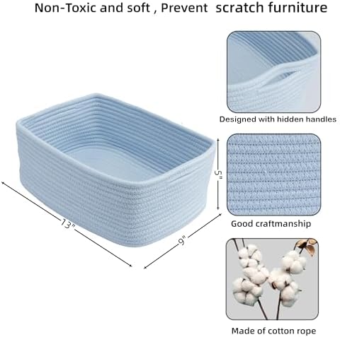 XUANGUO Small Woven Storage Baskets for Shelves, 13" x 9" x 5", Blue | Decorative rope storage bins for closets and toy storage; cute organizer baskets, empty gift baskets and nursery storage.