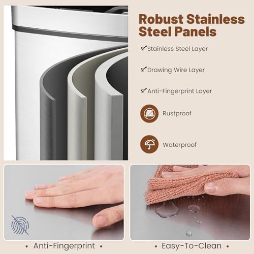 Goplus 19 Gal Motion Sensor Trash Can, 72 L Volume in 4 Containers, Touchless Trash Bin w/Kitchen Waste Bin & 2 Bottom Recycling Bins, Stainless Steel Garbage Can w/Soft Close Lid, Battery Operated