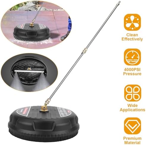 15in Pressure Washer 4000PSI Surface Cleaner Disc Power Washer Broom with 2 Washer Extension Wands 2 Replacement Nozzles Flat Surface Cleaner for Cleaning Patios Driveways Sidewalks