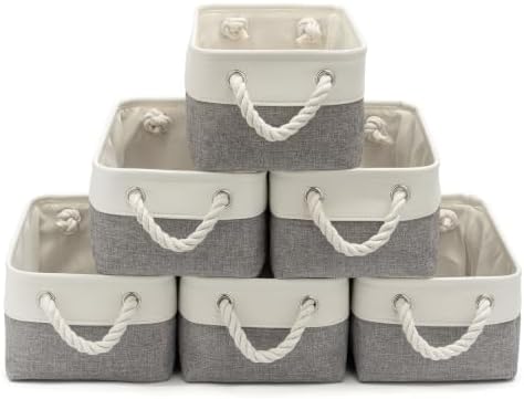 11.8x7.9x5.2 Inch Fabric Small Storage Bins with Handles 6 Pack | Foldable Storage Basket, Sturdy Metal Strand, Cardboard Support Molding, Small Baskets for Organizing, Shelves, White/Gray
