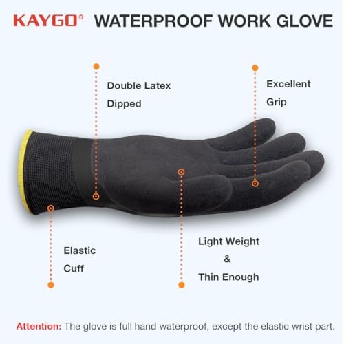KAYGO Waterproof Work Gloves, Non-Slip Double Latex Coated, KG150 | Lightweight & Durable, Excellent Grip for Gardening, Construction, Fishing & Cleaning, for Men & Women