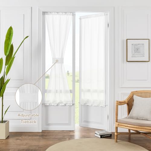 White Linen Door Short Curtains 40 Inch Length for Front French Door | Rod Pocket, Sidelight Drapes, Semi Sheer Light Filtering Privacy, Farmhouse Curtain, 2 Panels, W25xL40, Farmhouse Rustic