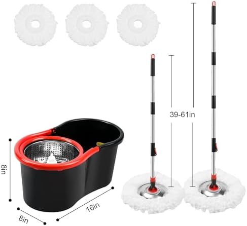 Spin Mop and Bucket Set, 360° Spinning Mop and Bucket System, for Mop Floor Cleaning, with 3 Microfiber Mop Replacement Heads and 61" Stainless Steel Adjustable Handle