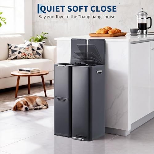 Triple Compartment Recycling & Trash Bin - 16 Gallon Stainless Steel for Kitchen or Office - Removable Buckets, Lid, Collapsible Foot Pedal - Large Capacity - Black