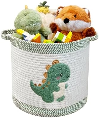 Toy Storage Basket(12"x12"), blanket basket, Cotton Rope Woven Laundry Hamper with Cute Embroidered Dinosaur for Nursery, Living Room, Laundry (Dinosaur)