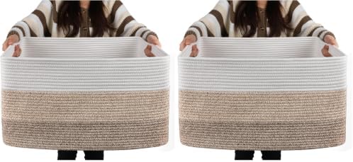 OIAHOMY Large Blanket Basket, 22”x17”x12” Rectangle Woven Baskets, Nursery Blanket Storage Living Room, Toy Storage With Handle, Large Baskets for Organizing-Gradient Yellow (Pack of 2)