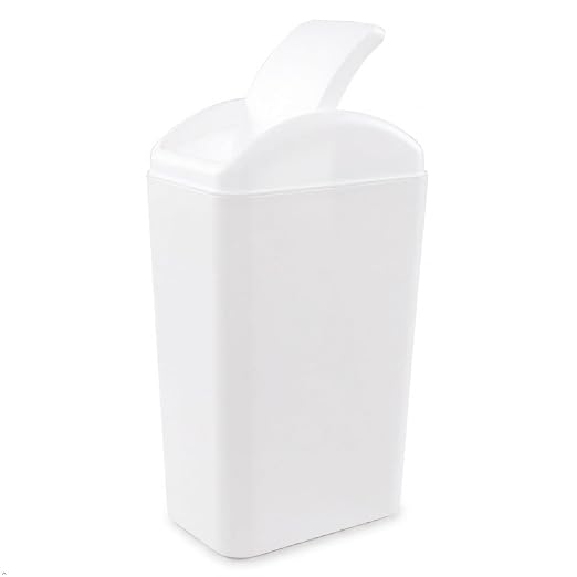 White Plastic Trash Bin with Lid, 3.5 Gallon Swing-Top Trash Can | Slim Garage Can with Swing Top Lid, 12 L Capacity, for Bedroom, Restroom, Bathroom
