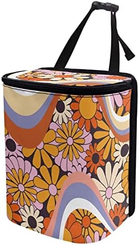 Abstract Groovy Hippie Daisy 70S 80S Wavy Swirl Pattern Car Trash Can with Lid and Zipper Portable Garbage Can Bags Vehicle Decorations for Women Trash Bin Hanging Back of Seat,Multicolor