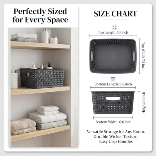 8 Pack Gray Storage Baskets, Plastic Woven Organizer Baskets, Stackable Shelf Baskets for Closet, Pantry, Bathroom & Laundry Room