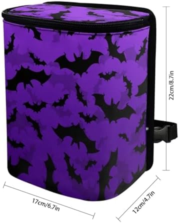 Purple Bats Pattern Car Trash Can Leakproof Garbage Bag with Lid and Zipper 1.2Gal Trash Bin Hanging for Back Seat Halloween Car Accessories Universal Fit