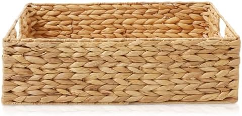 Casafield Set of 4 Water Hyacinth Pantry Baskets, 12-1/2" x 17" x 5", with Chalkboard Labels and Chalk Marker - Natural, Woven Storage Bin Organizers for Kitchen Shelves