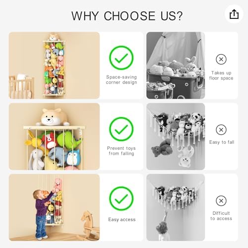 Stuffed Animal Storage Toy Organizer(Patented) - Large Corner Stuffed Animal Holder Length Adjustable - Wall Plush Storage for Nursery Playroom Bedroom Kids Room (Beige)