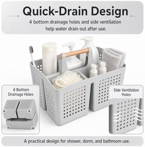 Portable Shower Caddy Basket with 3 Compartments and Handle, Light Gray | Plastic Divided Storage Caddy for Bathrooms, Apartments, Guest Rooms, Offices, Crafts and Under-Sink Organization