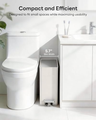 10L/2.6G Slim Bathroom Trash Can, Narrow Stainless Steel Soft-Close Step Pedal Bin with Lid, Odor Control Carbon Box, Removable Inner Bucket, Small Waste Bin for Bedroom, Office, RV (White)