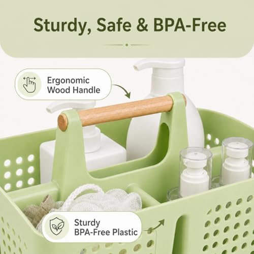 Portable Shower Caddy Basket with 3 Compartments and Handle, Grass Green | Plastic Divided Storage Caddy for Camping, RVs, Outdoor Showers, Bathrooms, Laundry Rooms and Cleaning Supplies