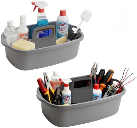 2 Pack Large Cleaning Caddy Portable Supply Organizer with Handle | Plastic Bucket Tool Storage,for Bathroom,Bedroom,Kitchen,Under Sink Storage (Grey)