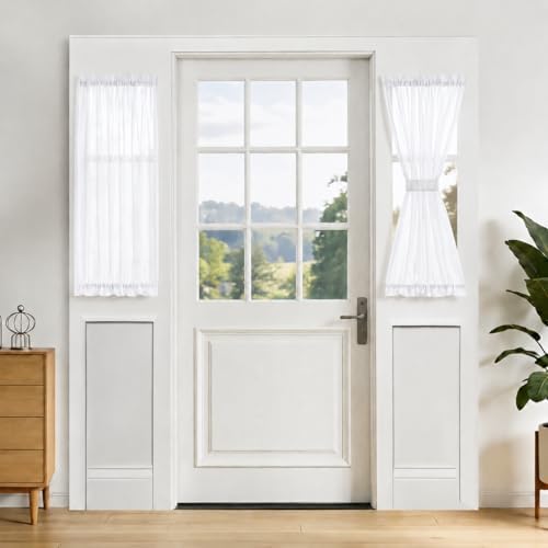 Aquazolax Sheer Door Curtains Light Filtering, Solid Voile Curtain with Top and Bottom Rod Pocket for Front Sidelight French Small Windows, Privacy Curtain that Let Light in, 25" x 40", Pure White