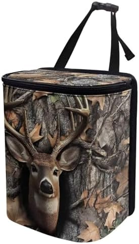Hunting Deer Forest Camo Print Car Trash Can with Lid and Zipper Portable Foldable Garbage Can Hanging for Headrest Leakproof Organizer and Storage Bag Car Accessories