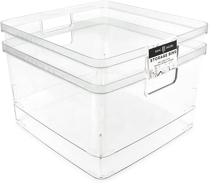 Isaac Jacobs 2-Pack Square Clear Storage Bins (10” L x 10” W x 6.1” H) | Cutout Handles, Plastic Organizer for Home, Office, Kitchen, Fridge/Freezer, Bathroom, BPA Free, Food Safe (2-Pack, Square)