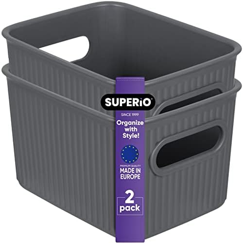 Superio Ribbed Collection - Decorative Plastic Basket Open Home Storage Bins Organizer, Small Grey (2 Pack) Container Boxes for Organizing Closet Storage Bins for Shelves Drawer Shelf 1.5 Liter