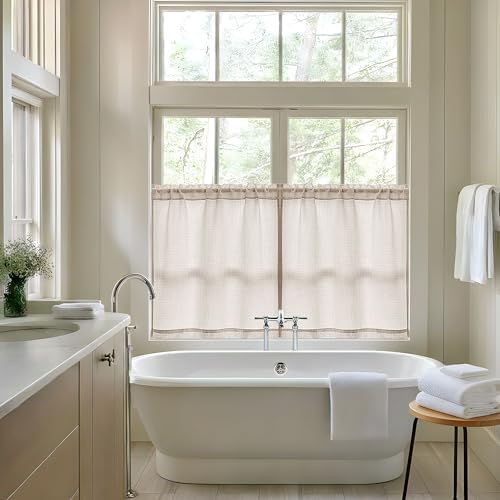40 Inch Short Linen Curtains 2 Panels Rod Pocket for Small Window | Bedroom Living Room, Light Coffee Tan Beige, Front Door Curtain, Rustic, Semi Sheer Privacy, Basement Drapes, W34xL40