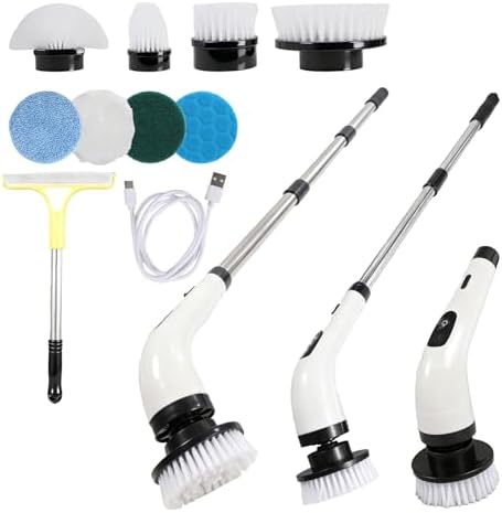 Rechargeable Electric Spin Scrubber, Waterproof Power Cleaner with 7 Brush Heads,1 Window Squeegee,2 Speeds Adjustable Long Handle for Bathroom, Floor, Shower, Tile & Kitchen Cleaning (White)