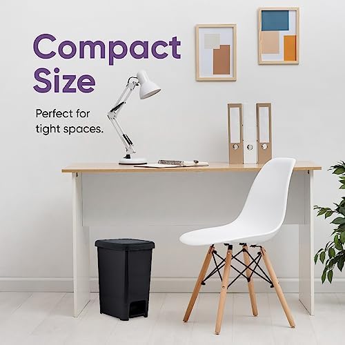 Superio Slim Step On Pedal Plastic Trash Can, Waste Bin for Under Desk, Office, Bedroom, Bathroom, Kitchen (2.5 gal) (Black)
