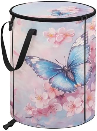 doginthehole Pink Floral Butterfly Collapsible Garbage Can 23 Gallons Trash Can Outdoor Waterproof Recycling Bin Storage Bag Holder Trash Bin with Lid, 22.83x17.71 in