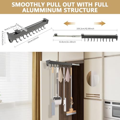 Pull-Out Mop and Broom Holder Slide Broom Closet Organizer Sliding Garage Storage Rack with 20 Adjustable Hooks, 22 in Wall Mount Sliding Organizer Rack for Closet, Kitchen, Laundry