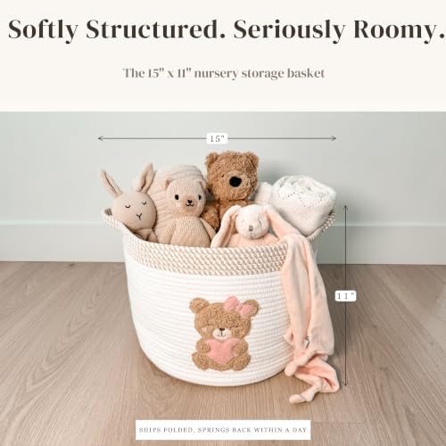 Pink Teddy Bear Baby Storage Basket, Cotton Rope Nursery Bin, 15x11 in | Stuffed Animal and Blanket Storage, Embroidered Bear Patch, Baby Girl Room Decor, Gift, Kids Playroom Organizer