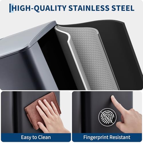 Triple Compartment Recycling & Trash Bin - 16 Gallon Stainless Steel for Kitchen or Office - Removable Buckets, Lid, Collapsible Foot Pedal - Large Capacity - Black
