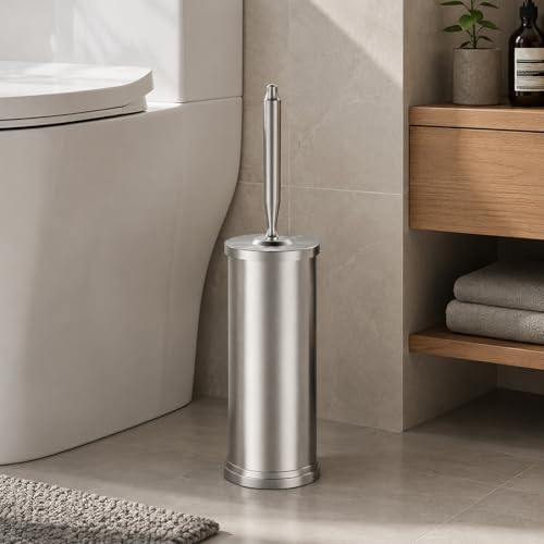 Stainless Steel Toilet Bowl Brush and Holder Set Scrubber Nickel | Weighted Stable Base Removable Inner Tube Toilet Bowl Brush Splash-Proof Design for Deep Cleaning Space Saving Storage