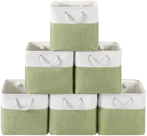 13x13 Inch Foldable Fabric Cube Storage Bins with Handles 6 Pack | Sturdy Metal Strand, Cardboard Support Molding, Storage Basket, Cube Storage Bin for Shelves, Closet, Bedroom, White/Green