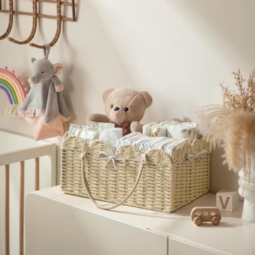 HBlife Baby Diaper Caddy, Paper Rope Storage Baskets Nursery Bin with Removable Divider, Portable Car Organizer for Diapers, Baby Shower Gifts, Newborn Essentials Must Haves