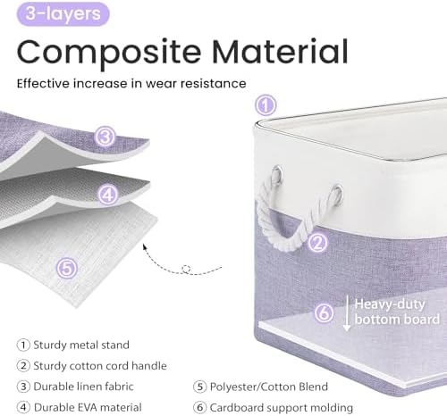 15x11x10 In Foldable Fabric Large Storage Bins with Handle 6 Pack | Organizer Baskets, Sturdy Metal Strand, Cardboard Support Molding, Storage Baskets for Shelves, Closet, Bedroom, White/Purple